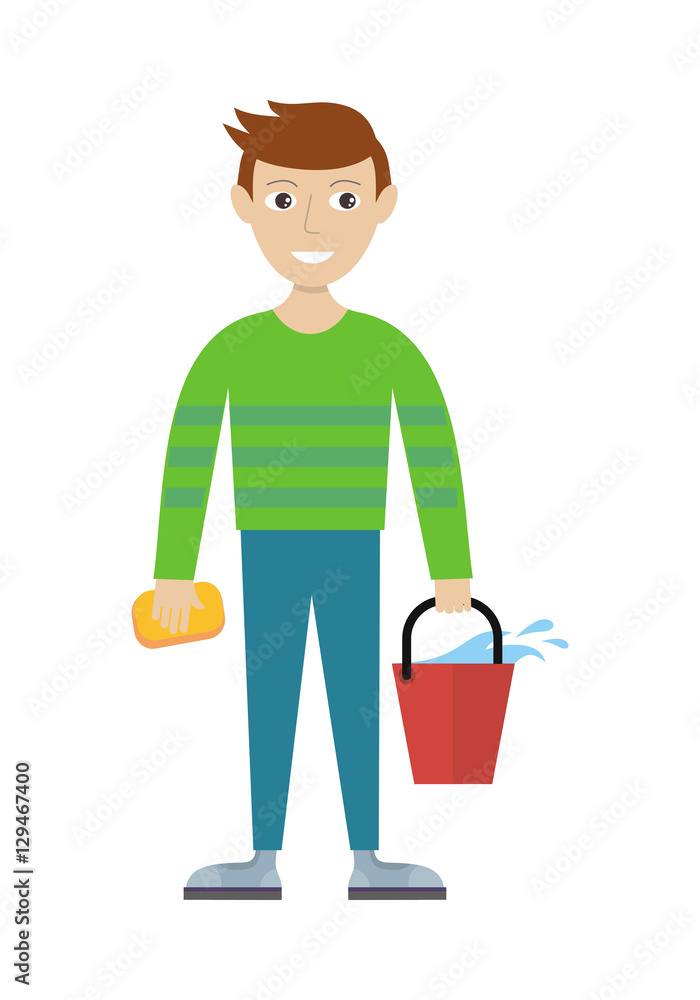 Member of Cleaning Service with Bucket and Sponge. Member of Cleaning Service with Bucket and Sponge.
