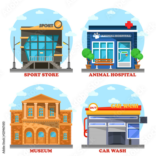 Car wash and veterinary shop, sportswear store