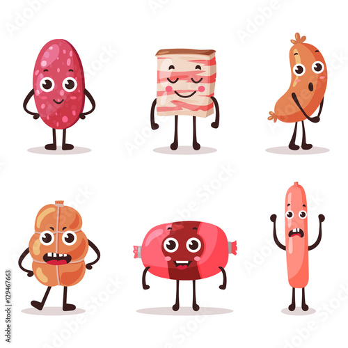 Food meat characters with cartoon faces.