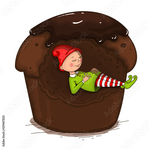 Gnome sleeping in the cake. Isolated vector object.