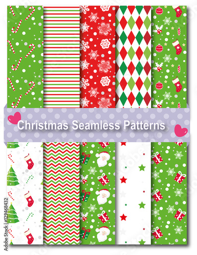 Christmas seamless patterns with santa,snowflakes,candycanes and more.Green and red.