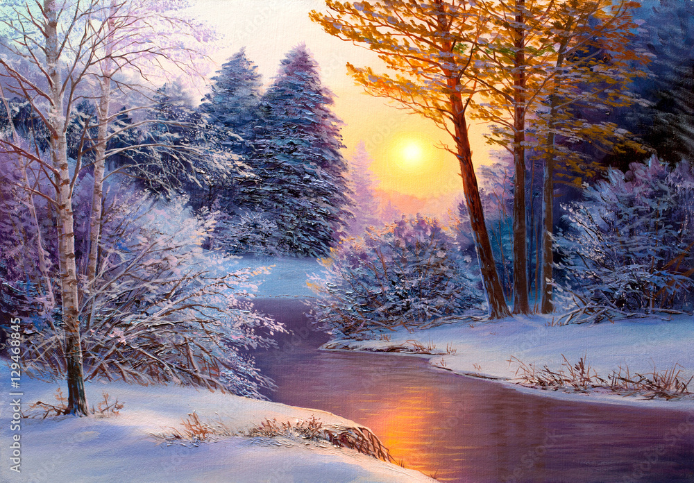 Naklejka premium Christmas forest with river