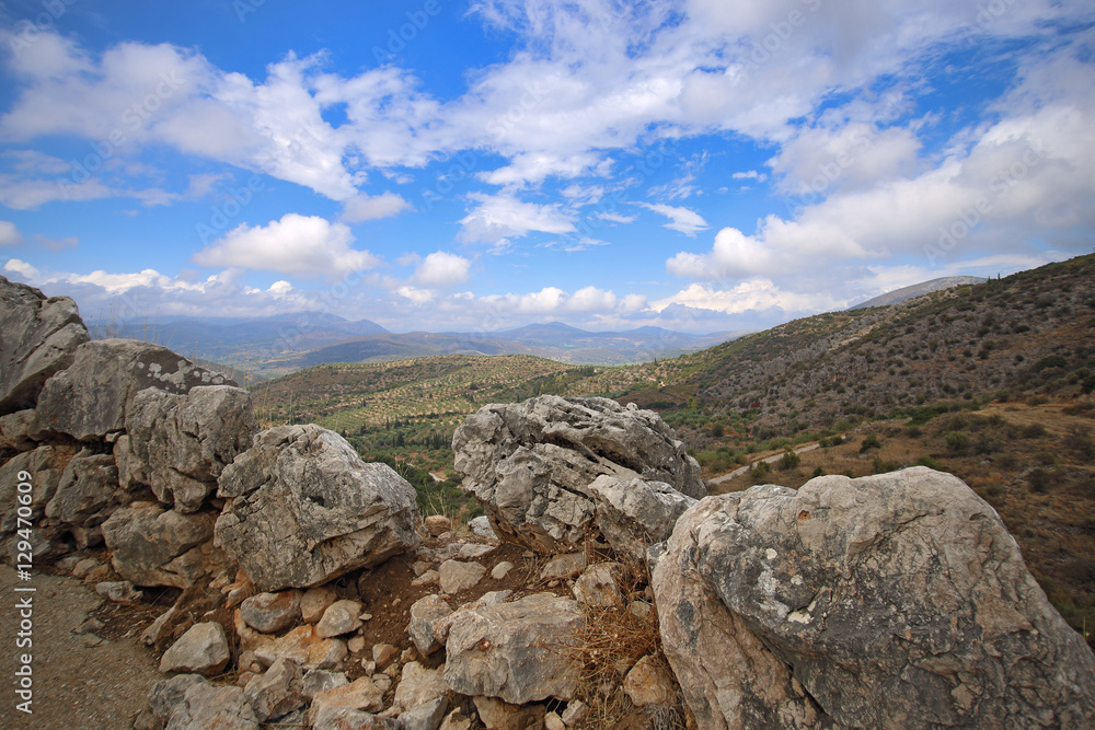 Landscape around Mycenae and ruins of the ancient city