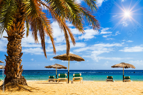 Turquoise sea, deckchairs, yellow sand and palms, sun, very beautiful nature © daliu