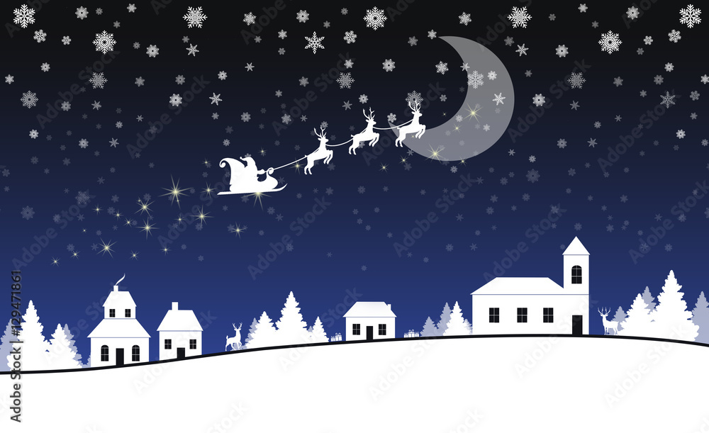 Naklejka premium christmas card with trees, snowflakes, reindeers and santa claus on navy blue gradient background