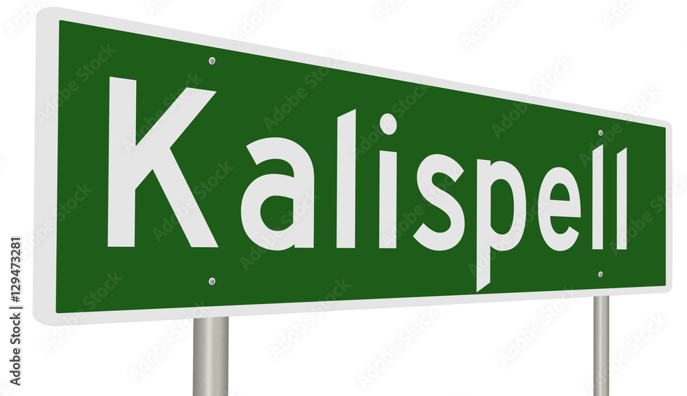 A 3d rendering of a green highway sign for Kalispell, Montana A 3d rendering of a green highway sign for Kalispell, Montana