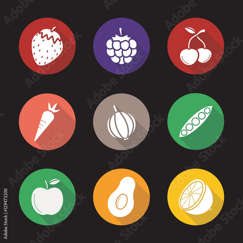 Fruit, berries and vegetables flat design long shadow icons set