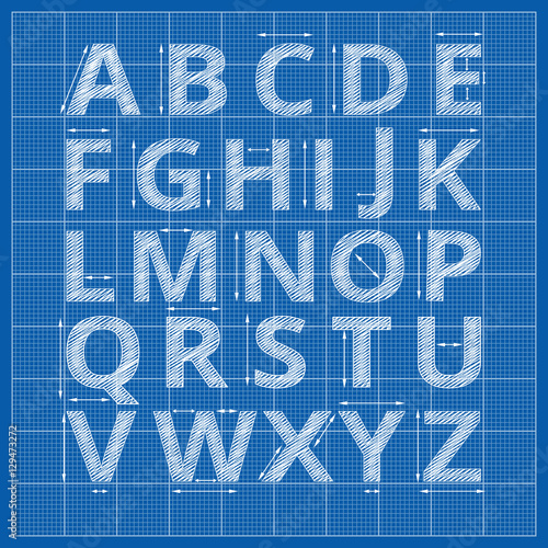 Blueprint alphabet. Vector drafting paper letters