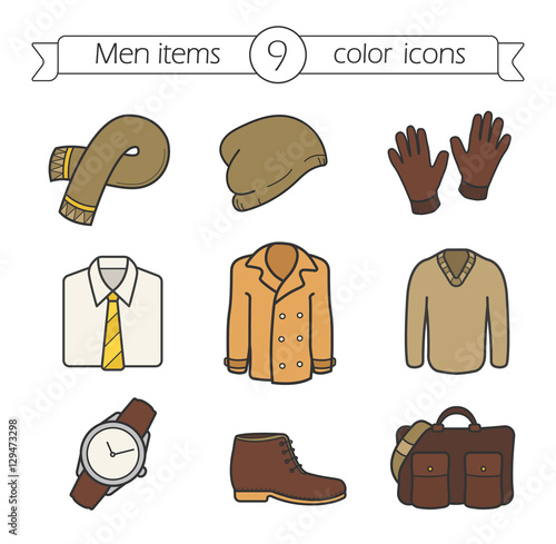 Men s accessories and clothes color icons set