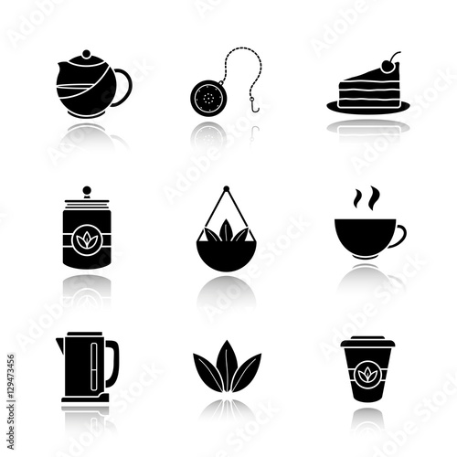Tea drop shadow black icons set