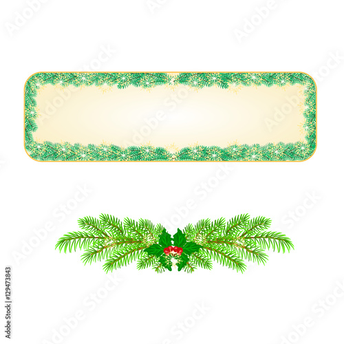 Banner  Christmas Spruce with fruit and pine cones and holly vintage vector illustration © zdenat5