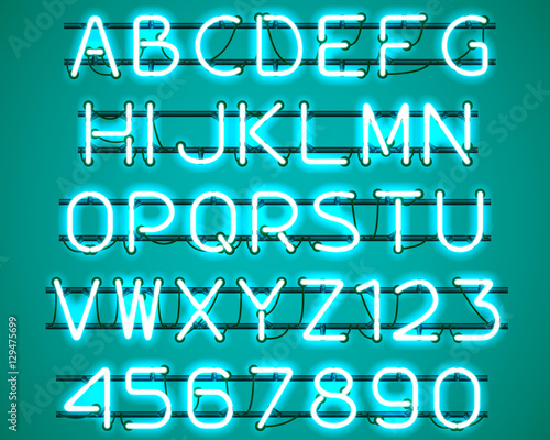Glowing blue Neon Alphabet with letters from A to Z and digits from 0 to 9 with wires, tubes, brackets and holders. Shining and glowing neon effect. Vector illustration.