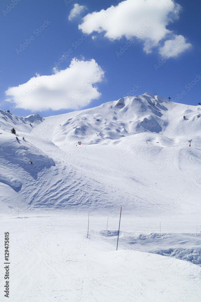 La Plagne ski and snowboard slopes in high mountains, Alps, Paradiski, France, in portrait .