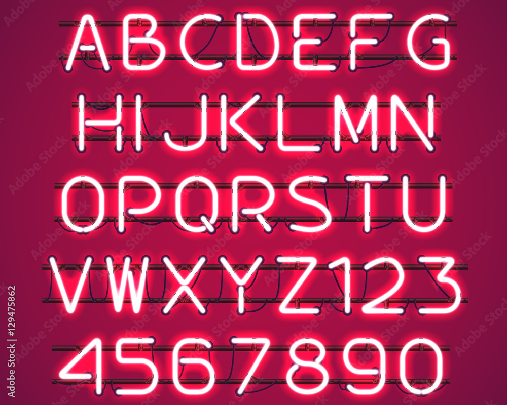 Glowing Red Neon Alphabet with letters from A to Z and digits from 0 to 9 with wires, tubes, brackets and holders. Shining and glowing neon effect. Vector illustration. Glowing Red Neon Alphabet with letters from A to Z and digits from 0 to 9 with wires, tubes, brackets and holders. Shining and glowing neon effect. Vector illustration.