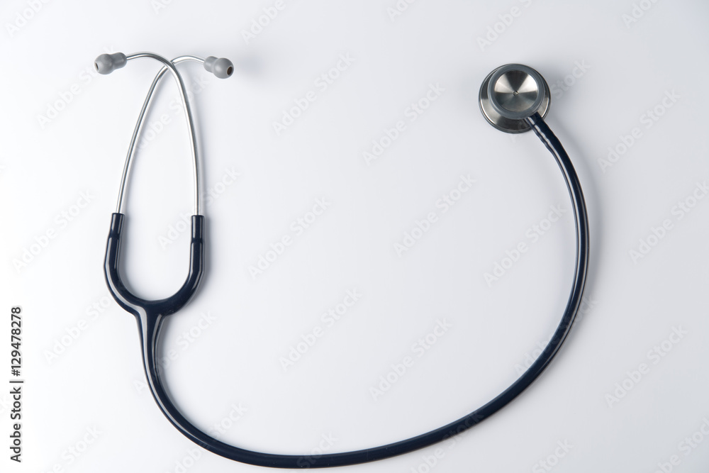 Stethoscope close up view. Stethoscope with reflection. Stethoscope background. Stethoscope with reflection on glossy background.