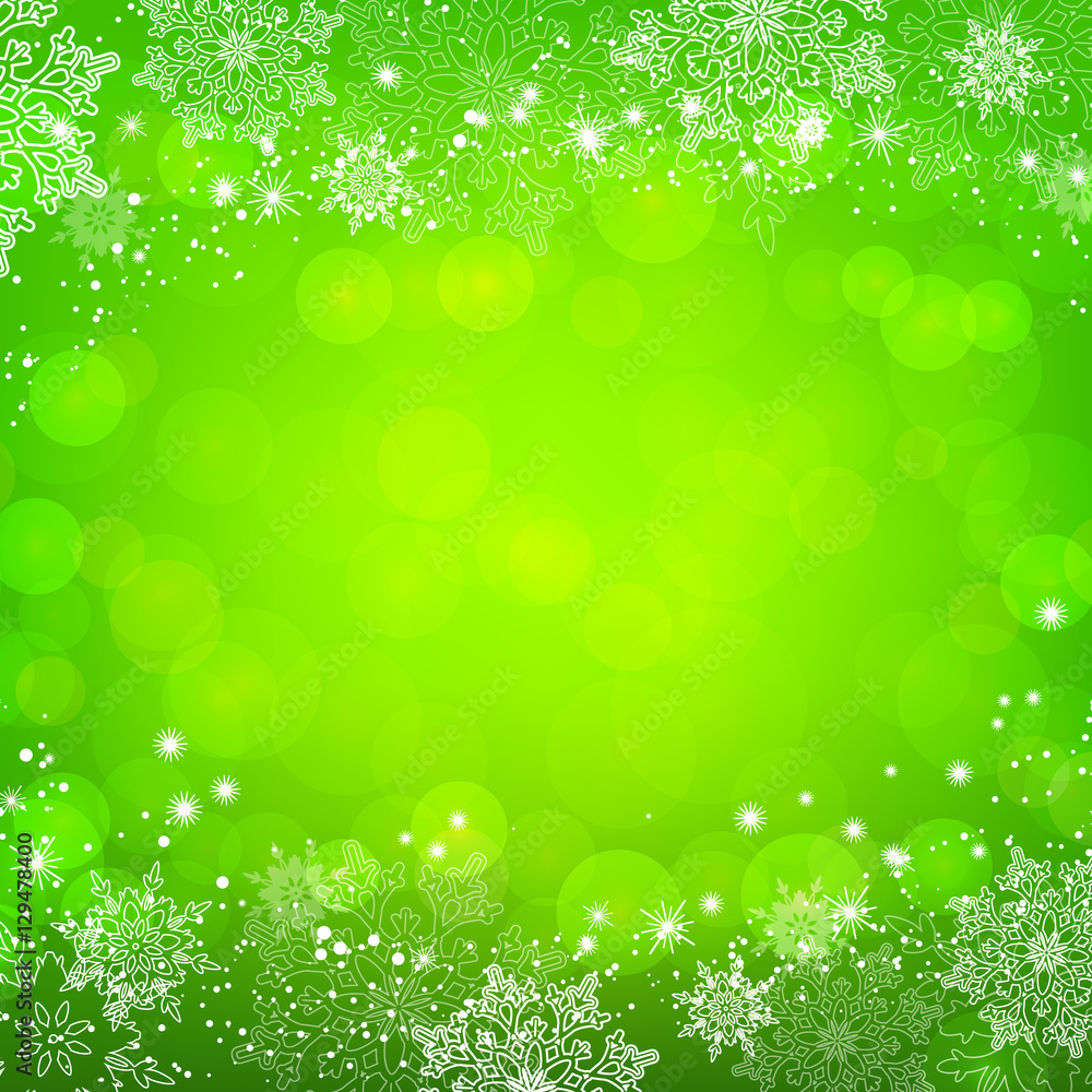 Fototapeta premium Green Christmas snowflakes bokeh background. Vector illustration.