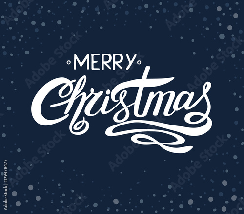 "Merry Christmas" handwritten inscription on dark blue background with beautiful snowflakes. Hand drawn lettering.