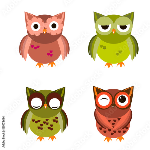 Cartoon owl set vector illustration.
