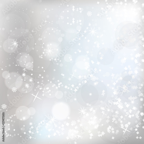 Silver bokeh lights background with snowflakes. Vector illustration.