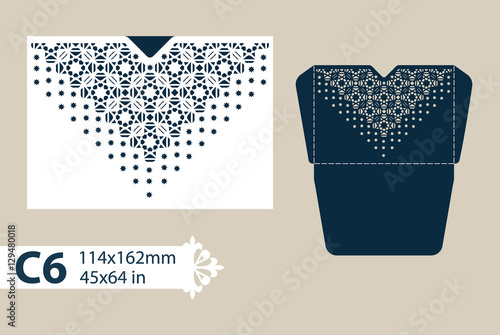Layout congratulatory envelope with carved openwork pattern. The template for greetings, invitations, etc. Picture suitable for laser cutting, plotter cutting or printing. Vector
