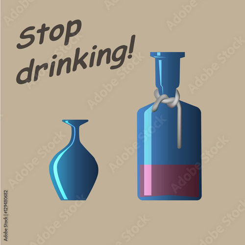 Stop drinking appeal. Whiskey bottle with tied neck and overturned glass. Vector illestration