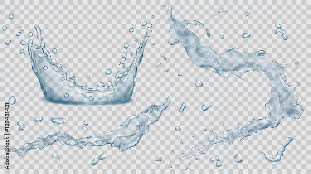 Water splashes, water drops and crown from splash of water. Transparency only in vector file - obrazy, fototapety, plakaty 