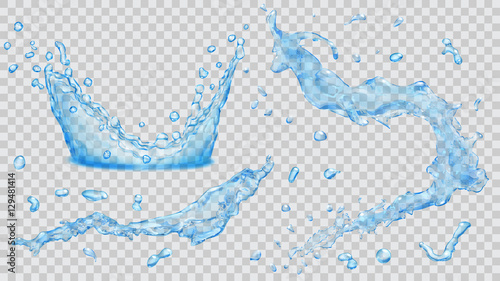 Water splashes, water drops and crown from splash of water. Transparency only in vector file