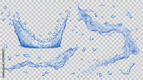 Water splashes, water drops and crown from splash of water. Transparency only in vector file