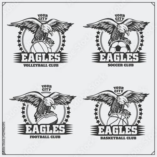 Volleyball, baseball, soccer and football logos and labels. Sport club emblems with eagle.