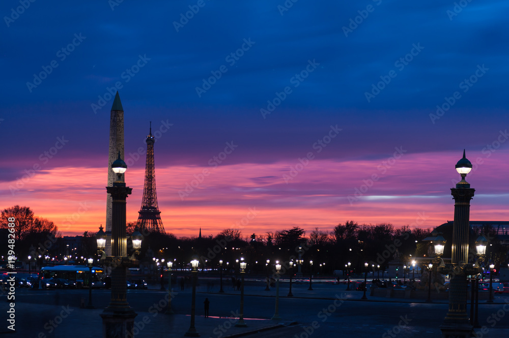 Night view of the Place de la Concorde in Paris, France