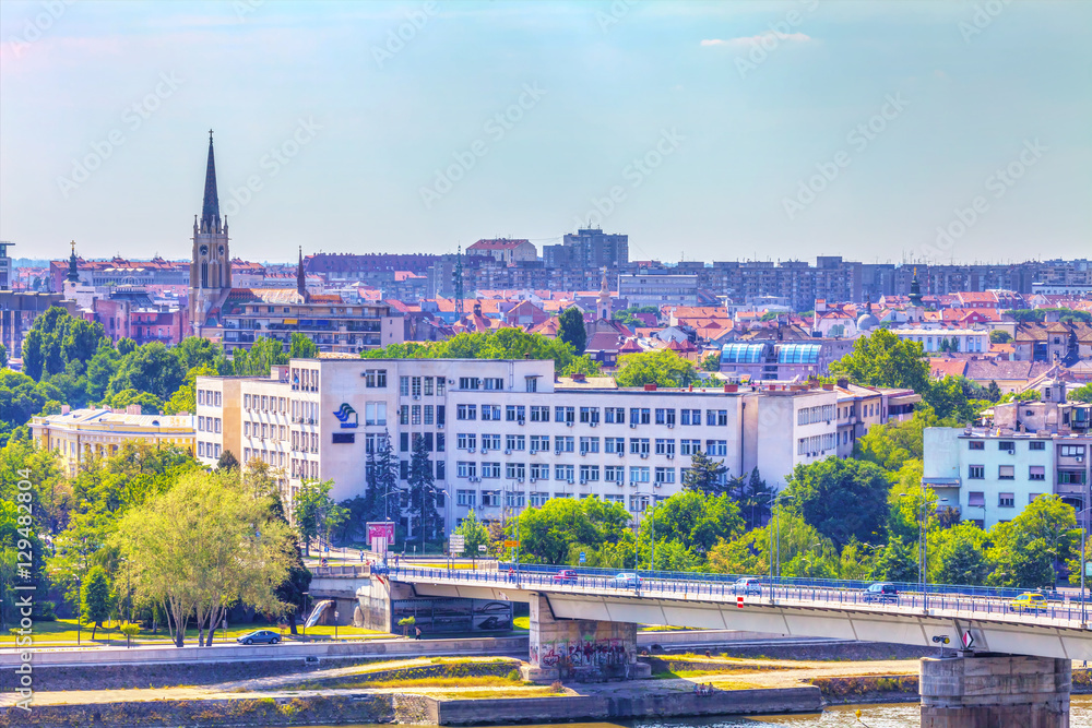 SERBIA, NOVI SAD - MAY 12, 2012: View from Petrovaradin fortress of Novi Sad and the Roman Catholic Church called the Church Name of Mary, HDR Image.