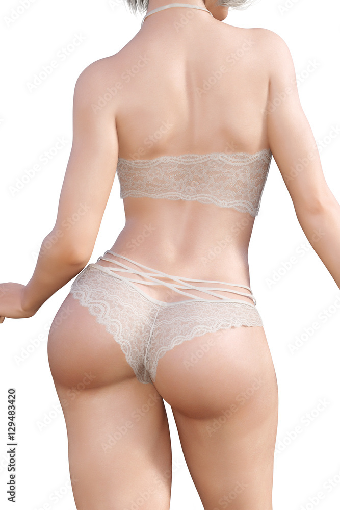 Girl in lacy underwear. Back view. White transparent panties and bra. Extravagant fashion art. Woman standing candid provocative sexy pose. Photorealistic 3D rendering isolate illustration. Studio. Girl in lacy underwear. Back view. White transparent panties and bra. Extravagant fashion art. Woman standing candid provocative sexy pose. Photorealistic 3D rendering isolate illustration. Studio.