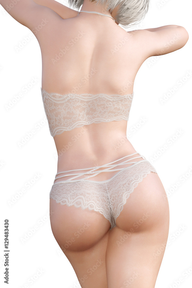 Girl in lacy underwear. Back view. White transparent panties and bra. Extravagant fashion art. Woman standing candid provocative sexy pose. Photorealistic 3D rendering isolate illustration. Studio. Girl in lacy underwear. Back view. White transparent panties and bra. Extravagant fashion art. Woman standing candid provocative sexy pose. Photorealistic 3D rendering isolate illustration. Studio.