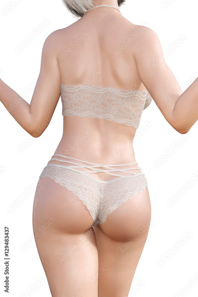 Girl in lacy underwear. Back view. White transparent panties and bra.  Extravagant fashion art. Woman standing candid provocative sexy pose.  Photorealistic 3D rendering isolate illustration. Studio. Illustration  Stock | Adobe Stock