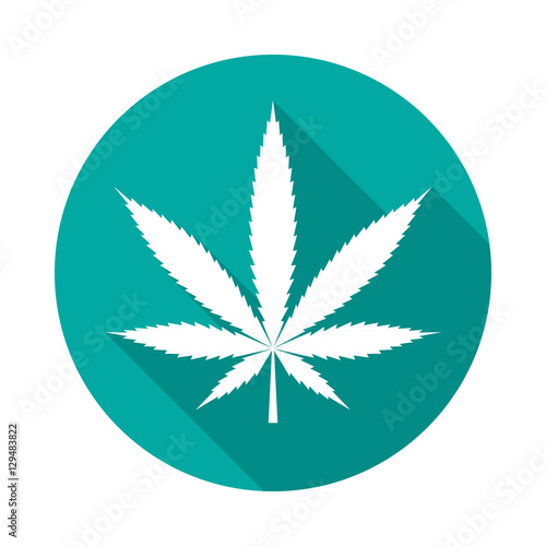 Cannabis leaf icon with long shadow. Flat design style. Round icon. Marijuana silhouette. Simple circle icon. Modern flat icon in stylish colors. Web site page and mobile app design vector element.
