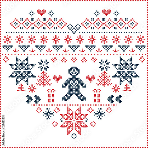 Heart Shape and inspired by  Norwegian Christmas and festive winter  pattern in cross stitch with Christmas tree, snowflake, gingerbread man , heart in red and blue