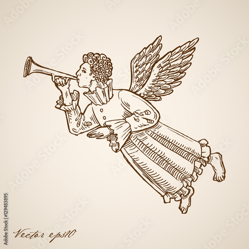 Engraving hand vector flying angel with trumpet