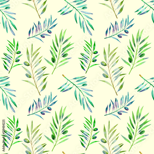 Floral seamless pattern with olive branch. Vegetable background in hand drawn watercolor style.