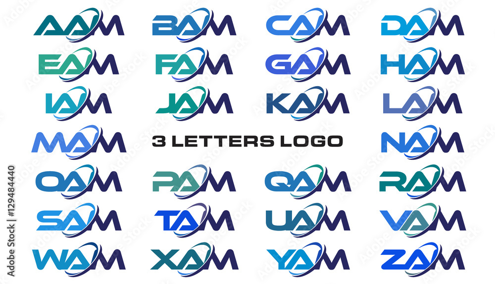 3 letters modern generic swoosh logo AAM, BAM, CAM, DAM, EAM, FAM, GAM, HAM, IAM, JAM, KAM, LAM, MAM, NAM, OAM, PAM, QAM, RAM, SAM, TAM, UAM, VAM, WAM, XAM, YAM, ZAM