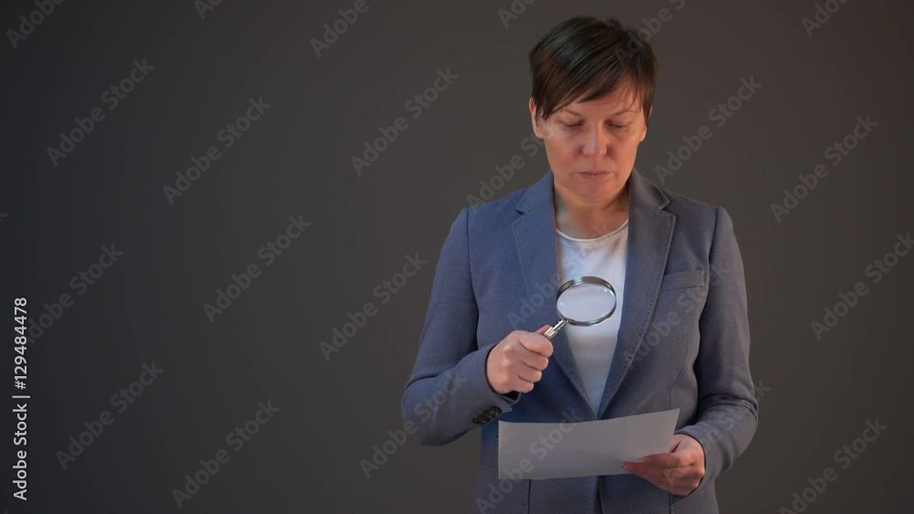 Female lawyer reading legal contract agreement disclaimer with magnifying glass, company's legal representative working Female lawyer reading legal contract agreement disclaimer with magnifying glass, company's legal representative working