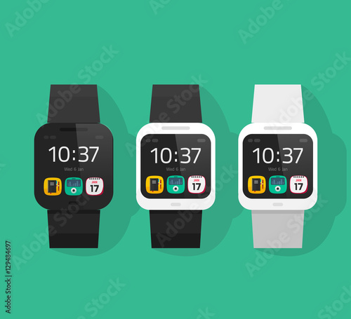 Smart watch set vector illustration, flat style smartwatch collection, digital electronic modern wristwatches isolated on color background