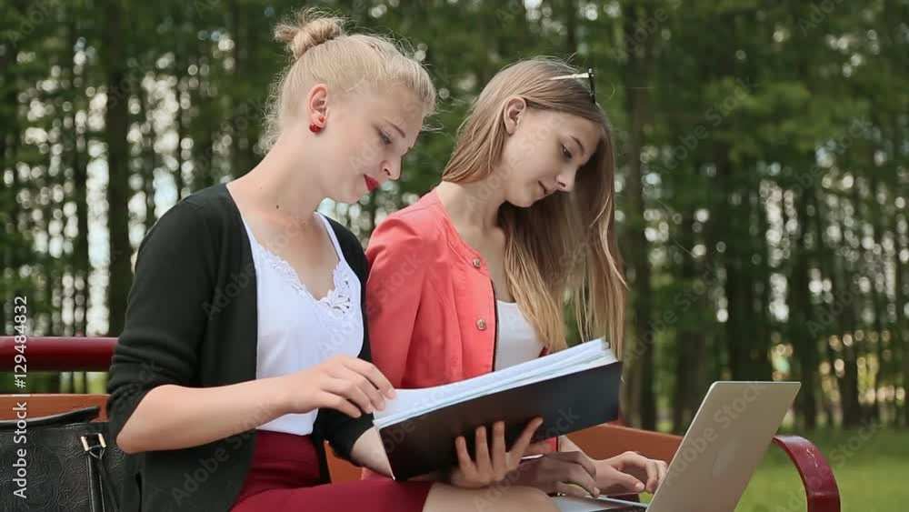 Two young beautiful female student with laptop in hand on a bench in green park. Study. Discussion. Side view. Two young beautiful female student with laptop in hand on a bench in green park. Study. Discussion. Side view.