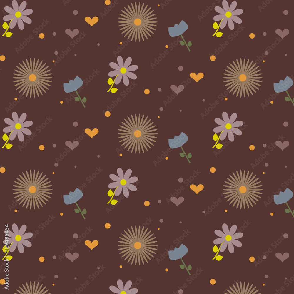 Flower pattern: blue, purpul and brown flowers. Cute hearts and polka dot. Burgundy background. Vector illustration. 