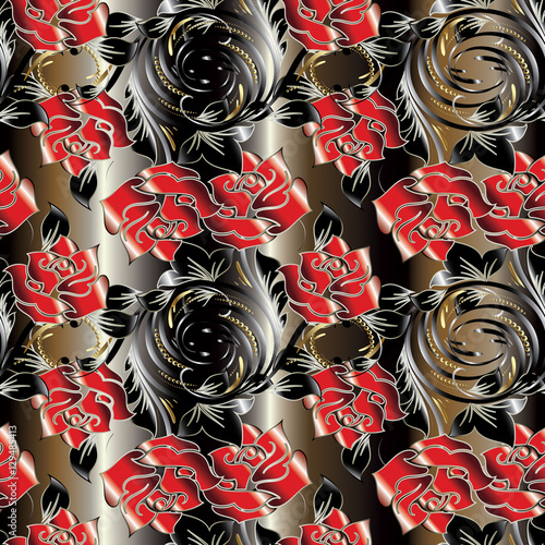 Roses seamless pattern background wallpaper with vintage decorative red 3d roses  flowers  leaves and elegance luxury roses pattern ornaments. Vector floral endless fabric  textile pattern