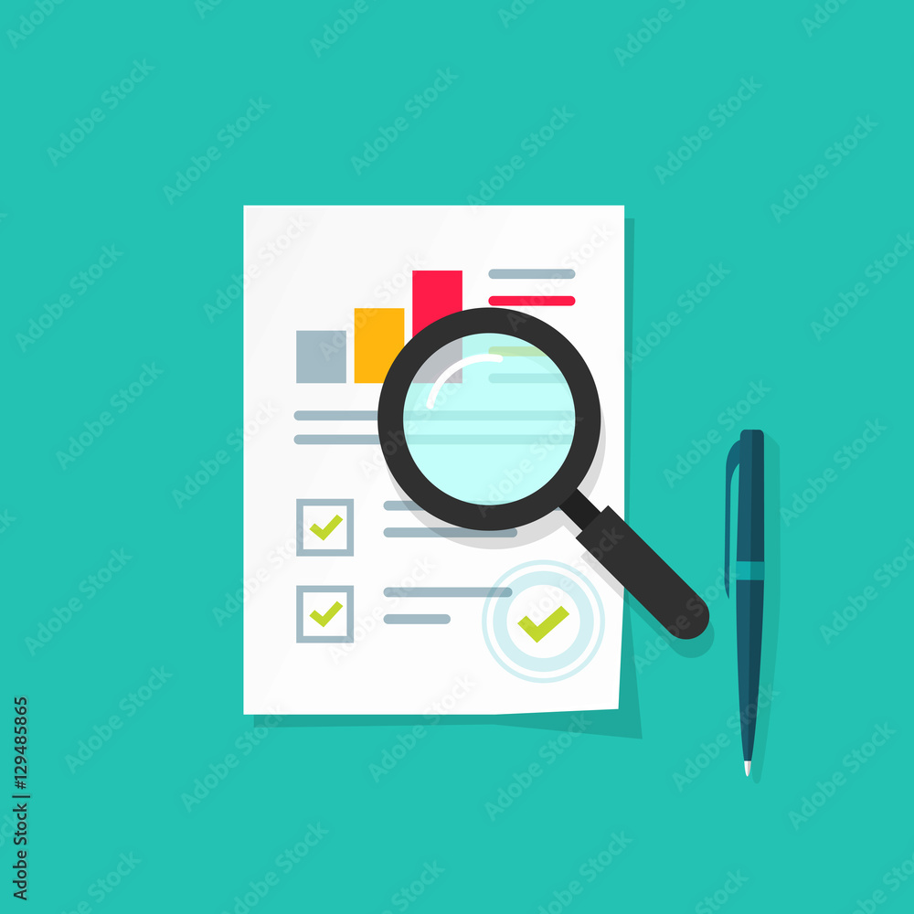 Analytics data research icon vector, analysis on paper sheet document via magnifier, statistics result with growth graph chart analyze, analyzing, audit verification process, report check, flat style Analytics data research icon vector, analysis on paper sheet document via magnifier, statistics result with growth graph chart analyze, analyzing, audit verification process, report check, flat style