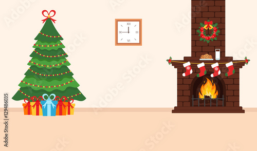 Festive design of the room. Brick fireplace, Christmas wreath, milk and cookies for Santa, festive decorated tree and gifts. Illustration in modern flat style. Merry Christmas and Happy New year.