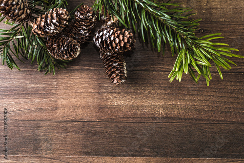 snowy cones and fir branch on a wood background
