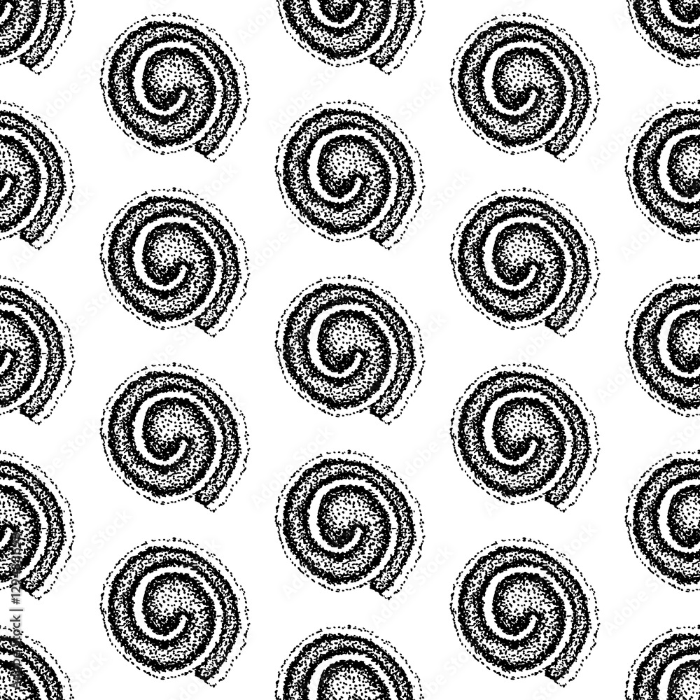 Obraz premium Seamless pattern of dots and spirals on a white background.