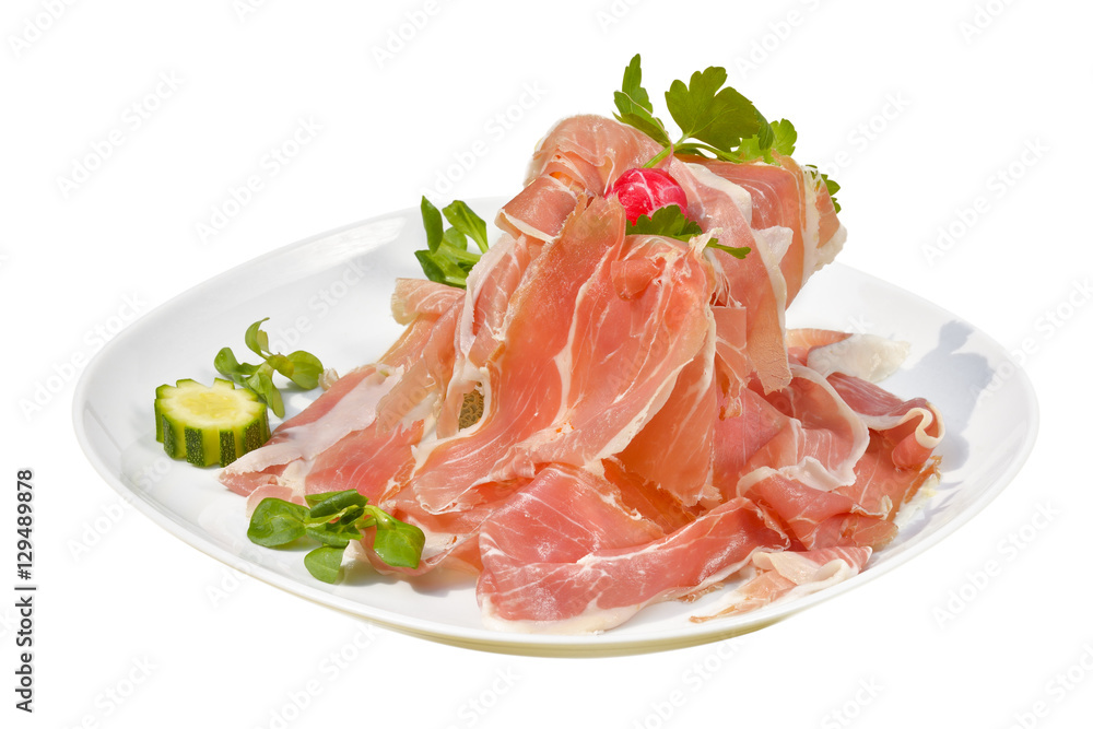 traditional Italian appetizer parma ham with melon - prosciutto melone  with white background