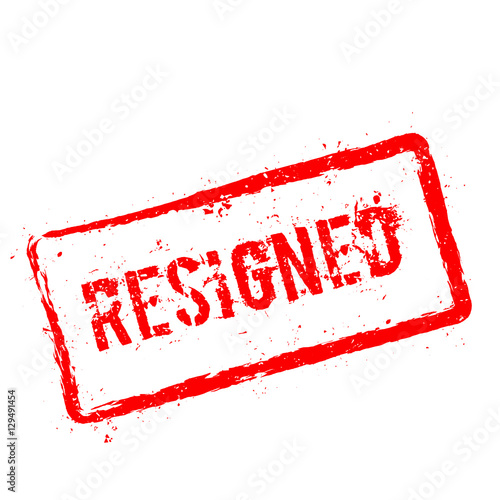 Resigned red rubber stamp isolated on white background. Grunge rectangular seal with text, ink texture and splatter and blots, vector illustration.